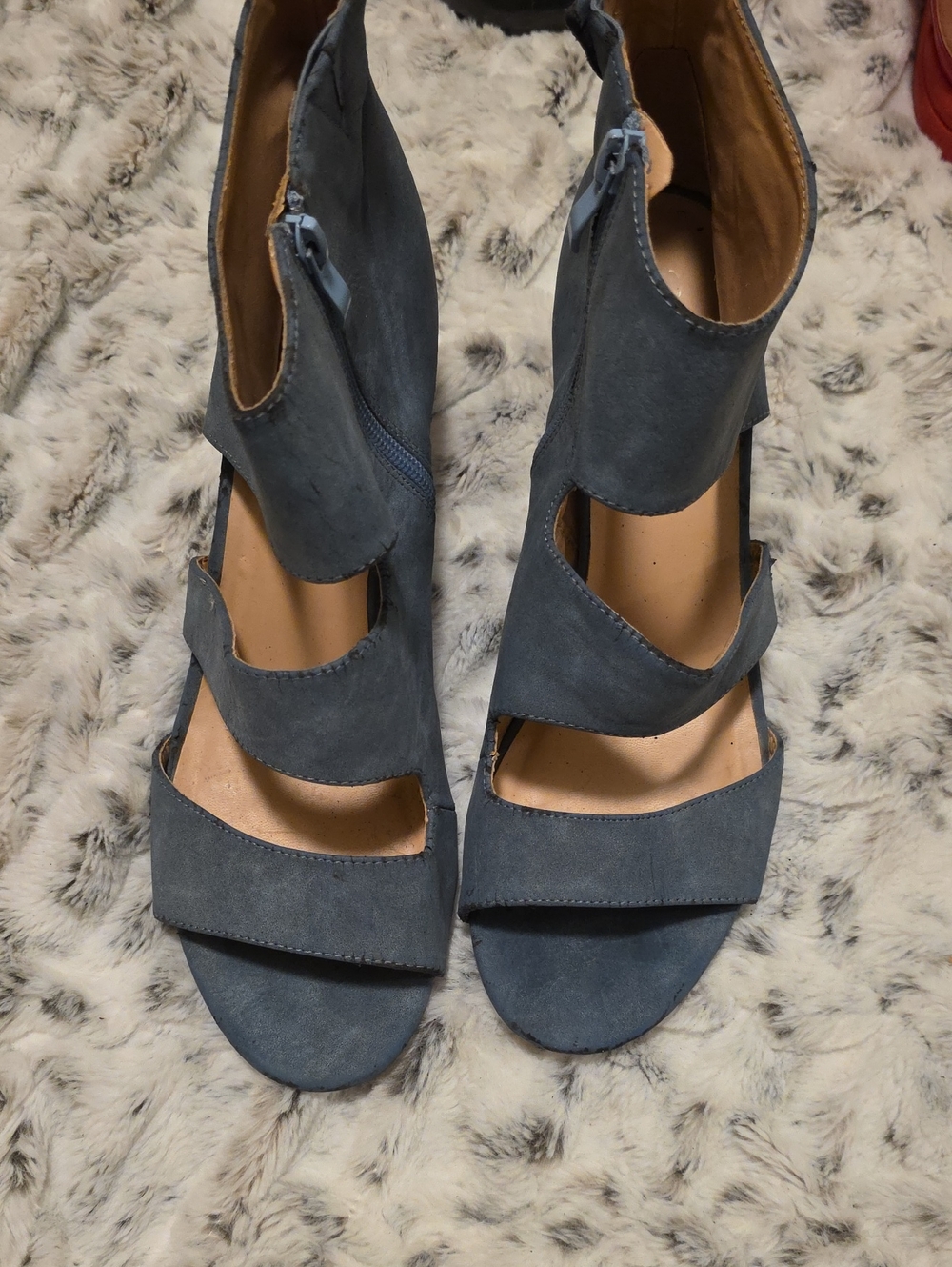 Strappy Open-Toe Heels in Dusty Blue